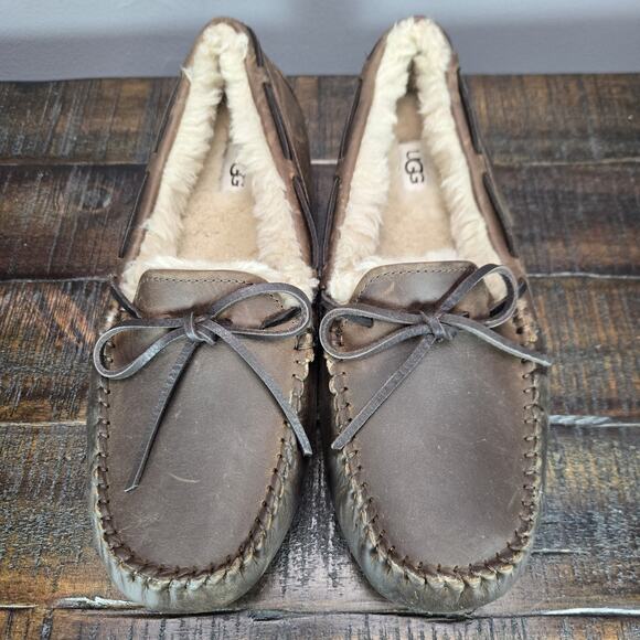 NEW UGG Olsen Slipper Mens Size 8 Leather Fuzzy Warm Slip On Shoes Loafers Brown main image 7
